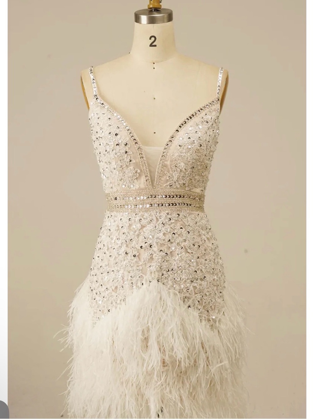 Custom Ivory Embellished Lace & Feather Mini Dress